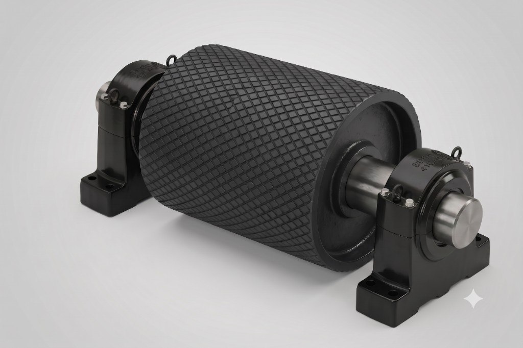 Conveyor pulley shaft mounted in plummer block bearing housings